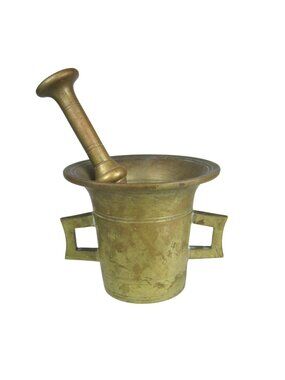 Vintage Brass Mortar Pestle Dual Handles Apothecary Kitchen Decor Home